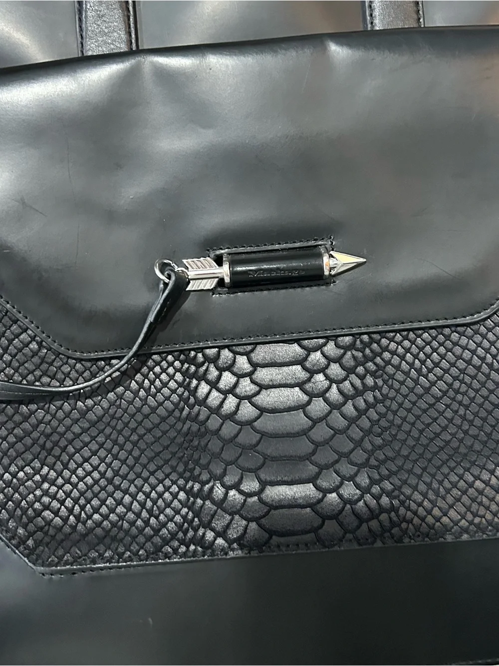 Mackage Black Leather Tote Satchel Crossbody Bag Snake Embossed Accent
